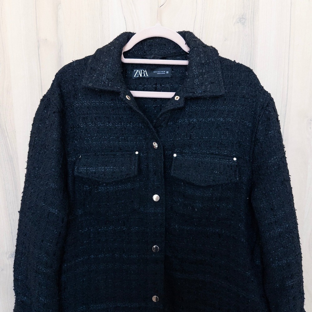 Zara Womens Tweed Shacket S Oversized Black Textured Jacket Preppy Parisian Chic - Picture 3 of 8